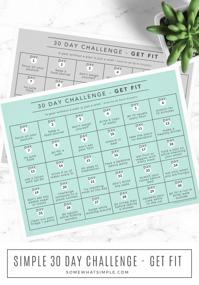 Get fit without getting overwhelmed! Our 30-day health and fitness challenge will help you improve your well-being in just a few minutes each day! Download and print our challenge calendar and get started today! #fitness #challenge #calendar #30day via @somewhatsimple