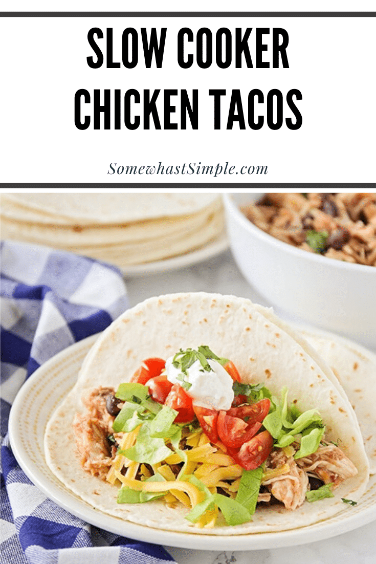 These crockpot chicken tacos are one of our very favorite meals!  With only 3 ingredients, this taco recipe is easy to make and takes no time to prepare.  Simply put the ingredients into your slow cooker, then sit back and relax! #crockpotchickentacos #crockpotchickentacoswithsalsa #3ingredientcrockpotchickentacos #healthychickentacos #crockpotchickentacorecipe via @somewhatsimple